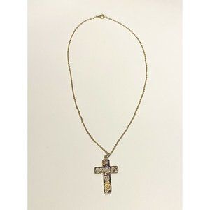 Vintage Double Sided Cross Floral Design With Gold Toned Chain